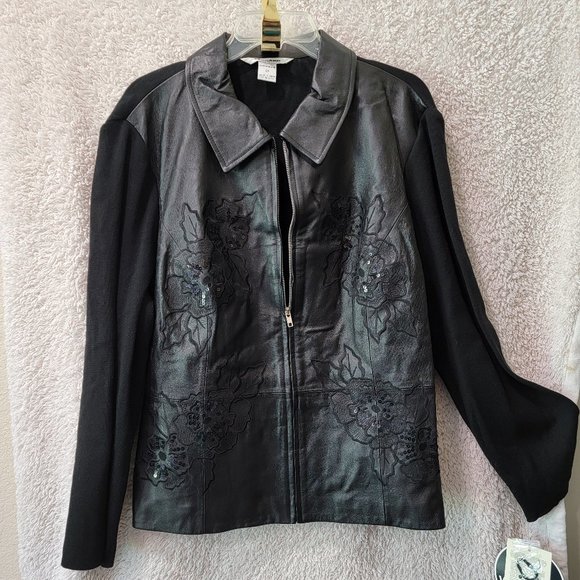 Nygard - Beautiful Black Leather/ Sweater Jacket with Floral Sequin Decoration - Picture 1 of 7